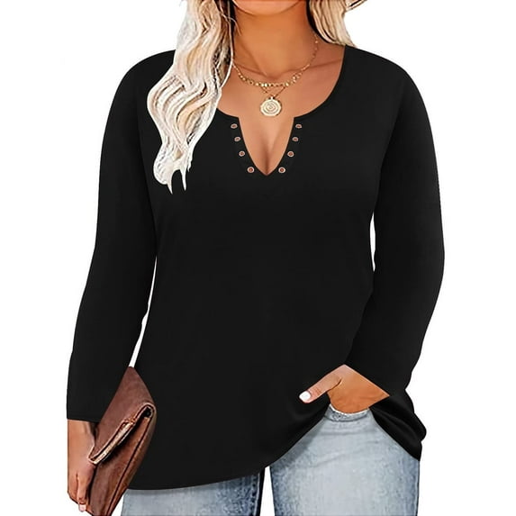 TIYOMI Plus Size Shirts For Women Long Sleeve 4X V-Neck Black Solid Color T Shirt Fall Autumn Winter Casual Loose Fit T-Shirt Black 4XL