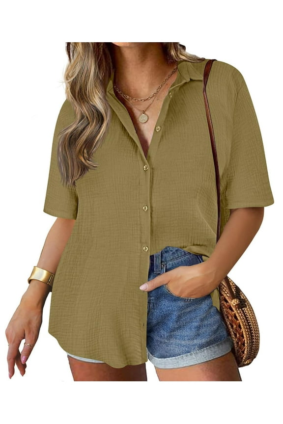 Plus Size Short Sleeve Cotton Shirts For Women 5X Army Green Button Down Collared Tops Solid Blouses 5XL 26W 28W