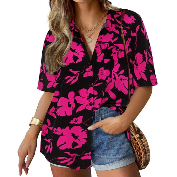 TIYOMI Plus Size Short Sleeve Floral Shirts For Women 5X Button Down Black Tops Beach Shirts Hot Pink Flower Summer Casual Blouses 5XL 26W 28W