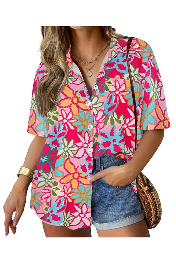Plus Size Short Sleeve Floral Shirts For Women 5X Button Down Colorful Tops Beach Shirts Flower Summer Casual Blouses 5XL 26W 28W