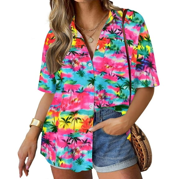 TIYOMI Plus Size Short Sleeve Hawaiian Shirts For Women 5X Button Down V Neck Collared Tops Rainbow Tie Dye Tops Summer Coconut Tree Loose Fit Blouses 5XL 26W 28W