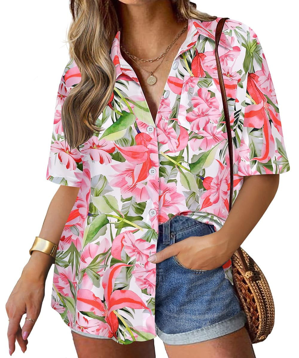 TIYOMI Plus Size Short Sleeve Hawaiian Shirts For Women 5X Pink Button ...