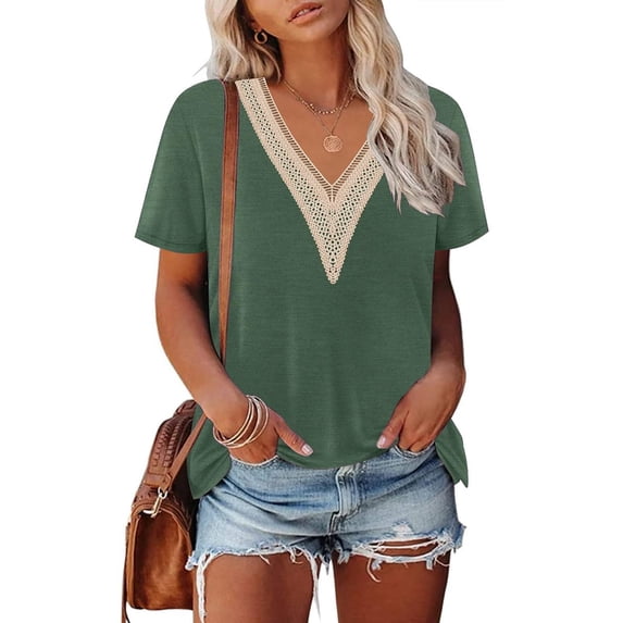 TIYOMI Plus Size Short Sleeve Lace Trim V Neck Blouses For Women 5X Dark Green Basic Solid Pullover Guipure Tops Casual Summer Shirts 5XL 26W 28W