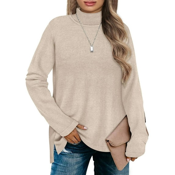 TIYOMI Plus Size Sweater Tops For Women Khaki Knit Long Sleeve Pullover High Neck Shirts Knitting Warm Sweaters Basic Solid Color Jumper Top Casual Fall Winter Pullover XL 14W 16W