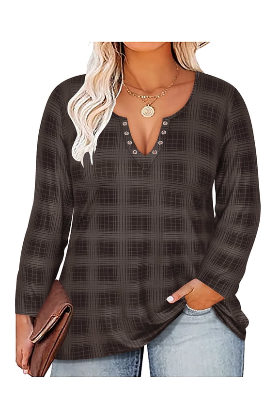 Plus Size T Shirt For Women Long Sleeve 2x V-Neck Grey Plaid Shirts Eyelet Sexy Tunic Tops Fall Winter Casual Loose Fit T-Shirt 2XL 18W 20W