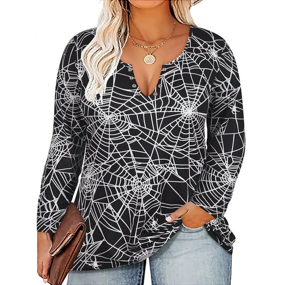 TIYOMI Plus Size T Shirt For Women Halloween Long Sleeve 2x V-Neck Spider Shirts Eyelet Sexy Tunic Tops Fall Winter Casual Loose Fit T-Shirt 2XL 18W 20W