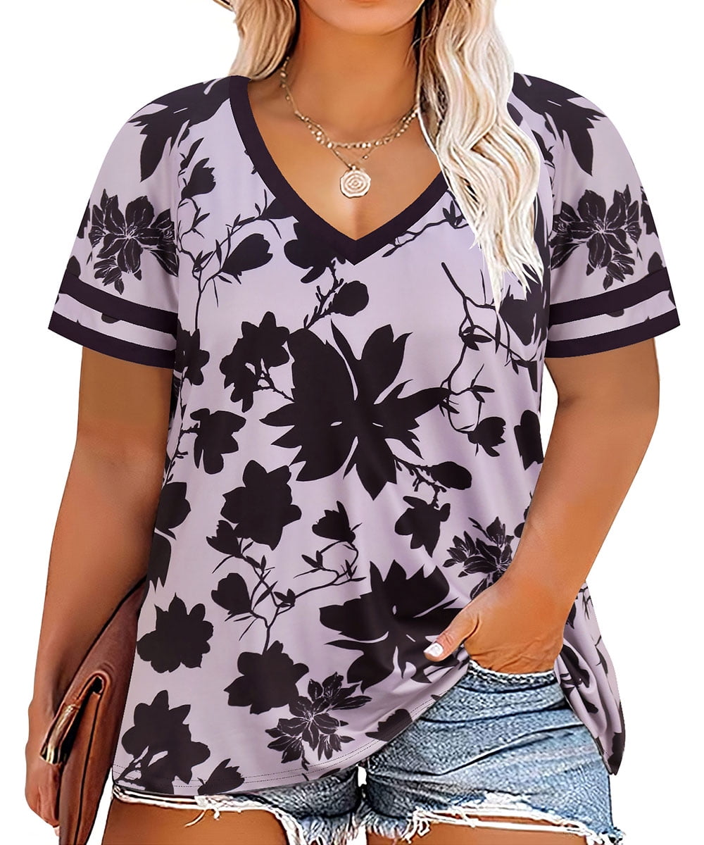 TIYOMI Plus Size Tops For Women - Short Sleeve Tunic Blouse, Round/Square Neck, Floral Print, XL-5XL