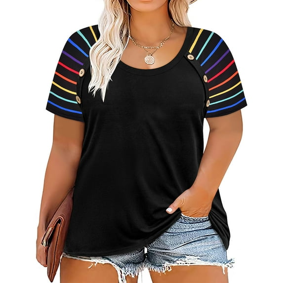 TIYOMI Plus Size Tops For Women 3X Rainbow Stripe Sleeve Black Raglan Shirts Short Sleeve Summer Blouses Crewneck Tee 3XL 20W 22W