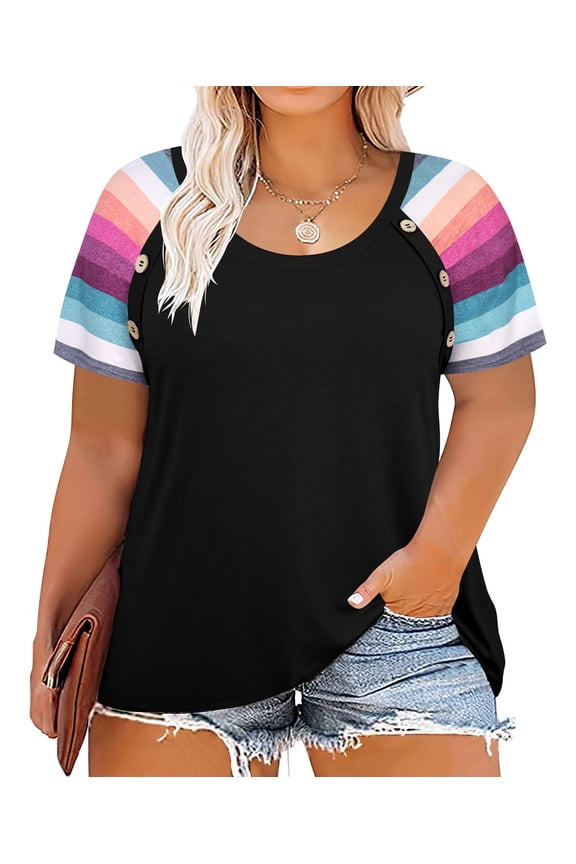 Plus Size Tops For Women 3X Rainbow Stripe Sleeve Raglan Shirts Short Sleeve Black Summer Blouses Crewneck Tee 3XL 20W 22W