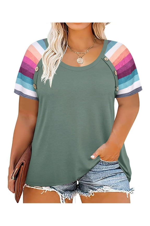 Plus Size Tops For Women 3X Rainbow Stripe Sleeve Raglan Shirts Short Sleeve Green Summer Blouses Crewneck Tee 3XL 20W 22W