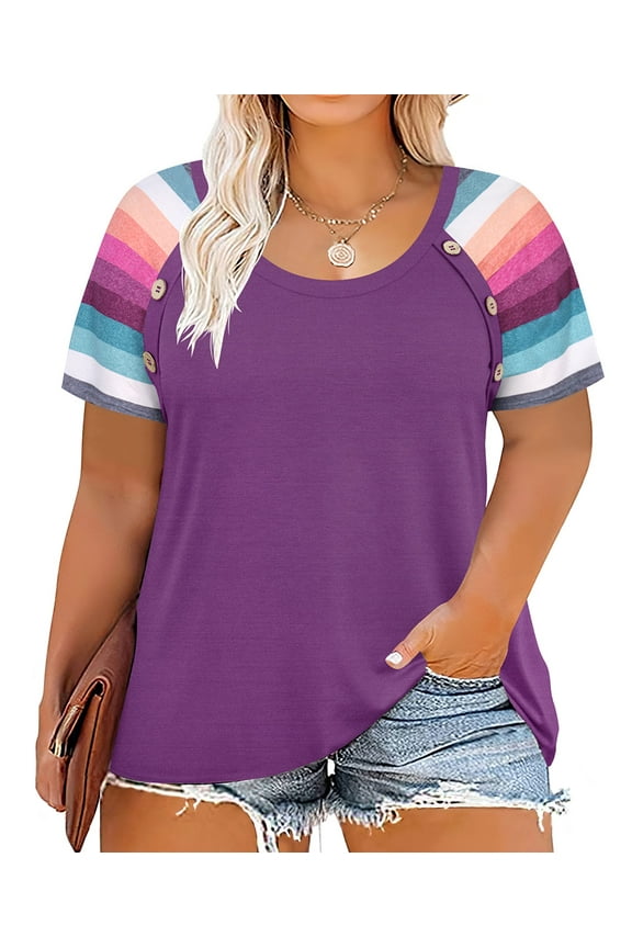 Plus Size Tops For Women 3X Rainbow Stripe Sleeve Raglan Shirts Short Sleeve Purple Summer Blouses Crewneck Tee 3XL 20W 22W