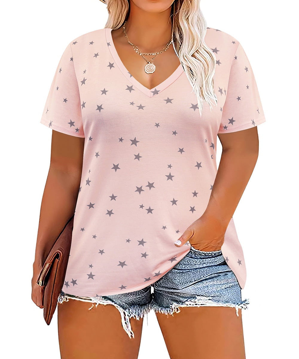 VISLILY Womens Plus Size Tops Buttons Decor T Shirt Short Sleeve