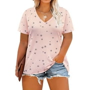 TIYOMI Plus Size Tops For Women 3X Short Sleeve T-Shirts V-Neck Pink Star Blouses Casual Loose Fit Tunics For Summer 3XL 22W 24W