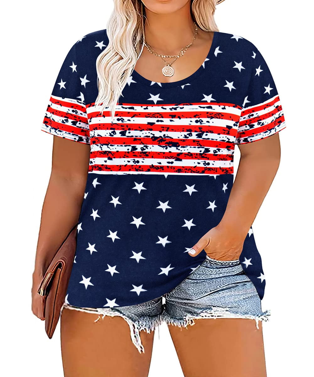 TIYOMI Plus Size Tops For Women 4th of July Summer Star Round Neck American Flag Short Sleeve Tee Loose Fit Casual T-Shirts XL 14W 16W