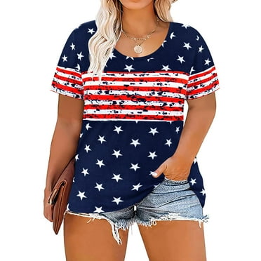 TIYOMI Plus Size Tops For Women 4th of July Summer Star Round Neck American Flag Short Sleeve Tee Loose Fit Casual T-Shirts XL 14W 16W