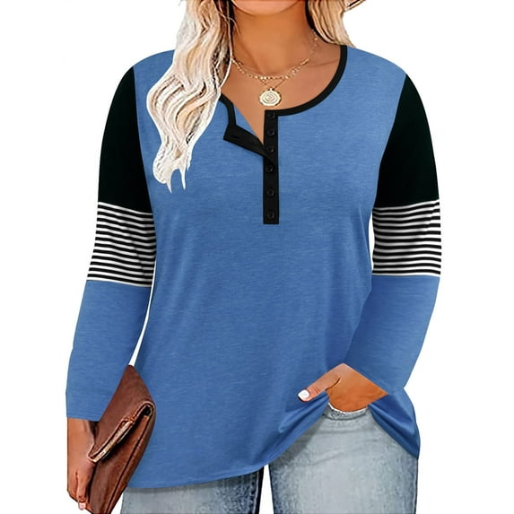 TIYOMI Plus Size Tops For Women Blue Long Sleeve Striped Color Block T-shirts Henley Neck Button Tunics Fall Winter Casual Tee XL 14W 16W