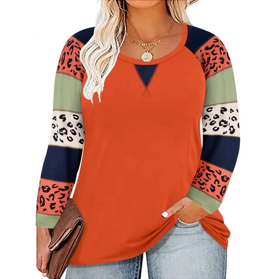 TIYOMI Plus Size Tops For Women Cow Leopard Round Neck T Shirt Long Sleeve Raglan Casual Color Block Blouses Orange Tee Fall Winter Shirts XL 14W 16W