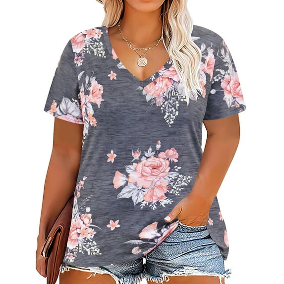 TIYOMI Plus Size Tops For Women Floral Print T-Shirts Short Sleeve Pullover Basic V-Neck Pullover Tunics Casual Loose Fit Blouses 6XL 30W