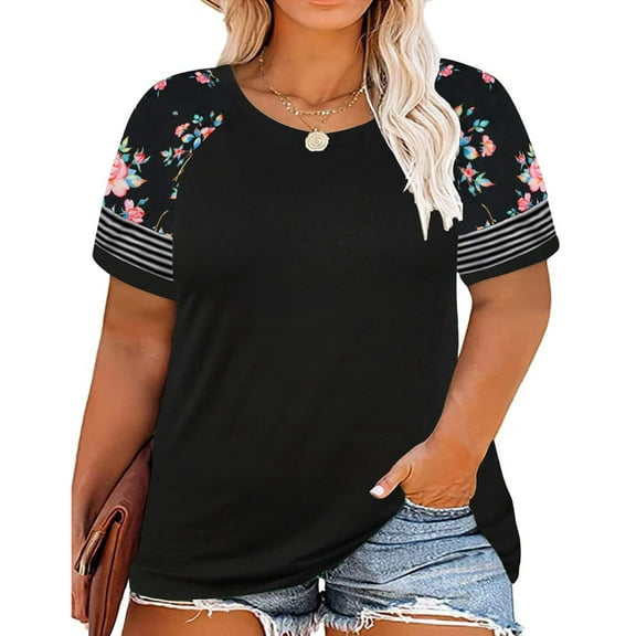 TIYOMI Plus Size Tops For Women Floral Round Neck Raglan Stripe Sleeve Crewneck Short Sleeve Black Casual Blouses Color Block Shirts XL 16W 18W