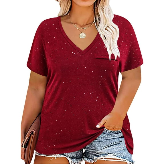 TIYOMI Plus Size Tops For Women Glitter T-shirts Wine Red V Neck Pullover Short Sleeve Tunics Loose Fit Summer Blouse XL 14W 16W