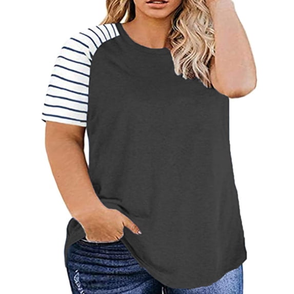 TIYOMI Plus Size Tops For Women Grey Short Sleeve T-Shirts Stripe Raglan Round Neck Tunics Color Block Loose Fit Summer Blouses XL 16W 18W