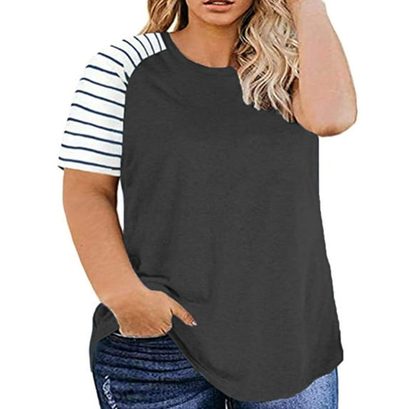 TIYOMI Plus Size Tops For Women Grey T-Shirts Stripe Short Sleeve Tees Raglan Round Neck Color Block Pullover Tunics Casual Loose Fit Blouses 5XL 26W 28W
