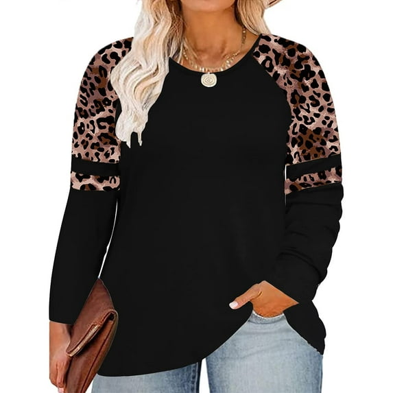 TIYOMI Plus Size Tops For Women Leopard Color Block Round Neck T Shirt Long Sleeve Raglan Casual Blouses Black Tee Fall Winter Shirts XL 14W 16W
