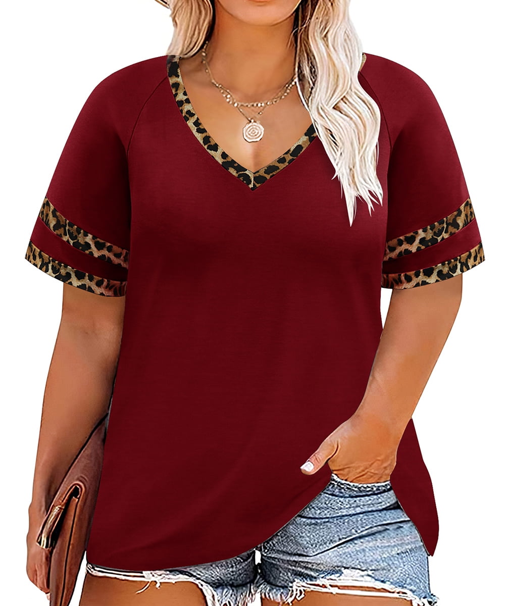 TIYOMI Plus Size 5X Shirts For Women Cheetah Ruffle Short Sleeve Tops V  Neck Pullover Leopard Knitted Summer Tunics 5XL 26W 28W 