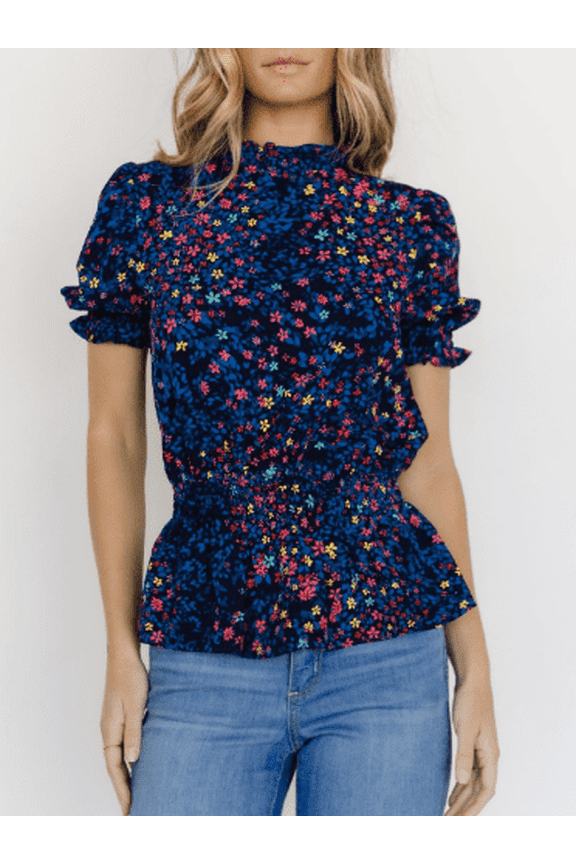 Plus Size Tops For Women Navy Blue Floral Short Sleeve T-Shirts Colorful Flowers V-Neck Tunics Casual Loose Fit Summer Blouses XL 16W 18W