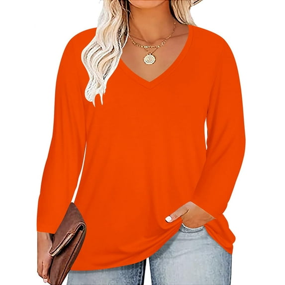 TIYOMI Plus Size Tops For Women Orange V Neck T Shirt Long Sleeve Basic Solid Casual Blouses Spring Tee Fall Winter Shirts XL 14W 16W