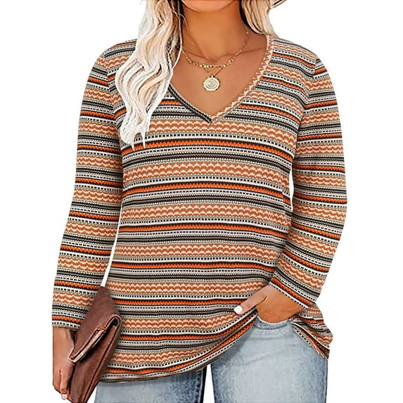 TIYOMI Plus Size Tops For Women Orange V Neck T Shirt Long Sleeve Casual Blouses Aztec Southwestern Printing Tee Fall Winter Shirts XL 14W 16W