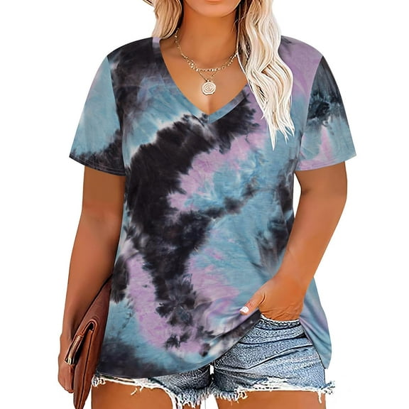 TIYOMI Plus Size Tops For Women Purple Tie Dye T-shirts V Neck Pullover Short Sleeve Tunics Loose Fit Summer Blouse XL 14W 16W