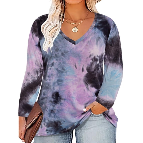 TIYOMI Plus Size Tops For Women Purple Tie Dye V Neck T Shirt Long Sleeve Casual Blouses Colorful Tee Fall Winter Shirts XL 14W 16W