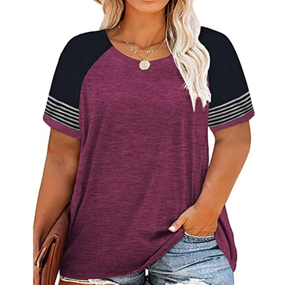 TIYOMI Plus Size Tops For Women Raglan Stripe Sleeve Crewneck Short Sleeve Wine Red Casual Blouses Color Block Shirts XL 16W 18W