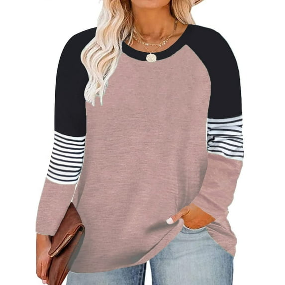 TIYOMI Plus Size Tops For Women Round Neck T Shirt Striped Long Sleeve Raglan Casual Color Block Blouses Brown Tee Fall Winter Shirts XL 14W 16W