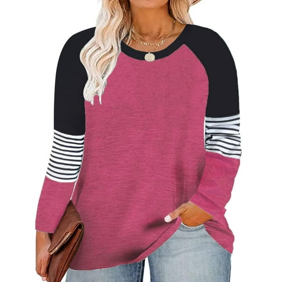 TIYOMI Plus Size Tops For Women Round Neck T Shirt Striped Long Sleeve Raglan Casual Color Block Blouses Rose Red Tee Fall Winter Shirts XL 14W 16W
