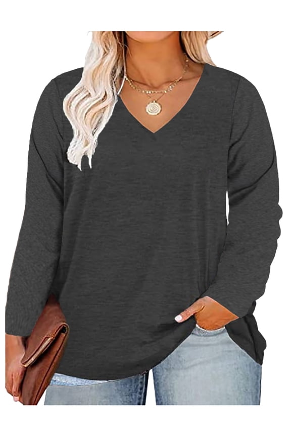 Plus Size Tops For Women Solid Color V Neck T Shirt Long Sleeve Casual Blouses Grey Tee Fall Winter Shirts XL 14W 16W