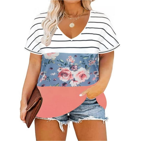 TIYOMI Plus Size Tops For Women Stripe Short Sleeve Blue Flower T-Shirts V Neck Pink Tunics Color Block Loose Fit Summer Blouses XL 16W 18W