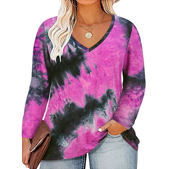 TIYOMI Plus Size Tops For Women Tie Dye V Neck T Shirt Long Sleeve Casual Blouses Hot Pink Tee Fall Winter Shirts XL 14W 16W