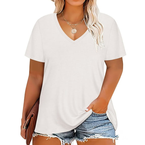TIYOMI Plus Size Tops For Women White T-shirts V Neck Pullover Short Sleeve Tunics Loose Fit Summer Blouse XL 14W 16W