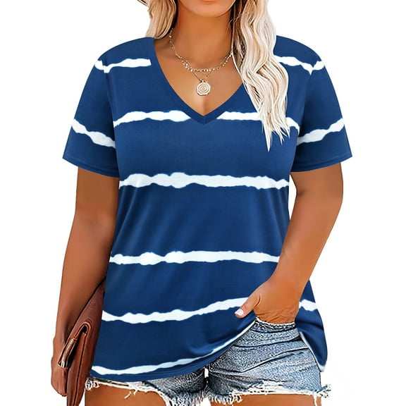 TIYOMI Plus Size Tops For Womens Tie Dye Shirts Short Sleeve Summer Flowy Blouses Tee Shirts Raglan Blue 3XL