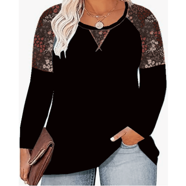 TIYOMI Plus Size Tops For Women Black V Neck T-Shirt Long Sleeve Raglan V Neck Brown Floral Pullover Casual Color Block Blouses Tee Fall Winter Shirts XL 14W 16W