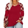 thumbnail image 1 of TIYOMI Plus Size Tops For Women Christmas Plaid V Neck T-Shirt Striped Long Sleeve Raglan V Neck Pullover Casual Color Block Blouses Wine Red Tee Fall Winter Shirts XL 14W 16W, 1 of 2