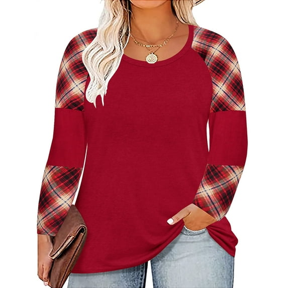 TIYOMI Plus Size Tops For Women Christmas Plaid V Neck T-Shirt Striped Long Sleeve Raglan V Neck Pullover Casual Color Block Blouses Wine Red Tee Fall Winter Shirts XL 14W 16W