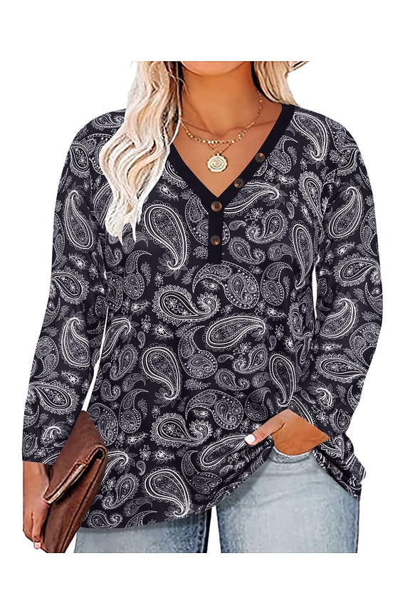Plus Size Tops For Women Long Sleeve Floral Blouses Button Down V Neck Shirts Cashew Flowers Black Knitted Tee Loose Fit Tunics Fall Winter Casual Pullover XL 14W 16W