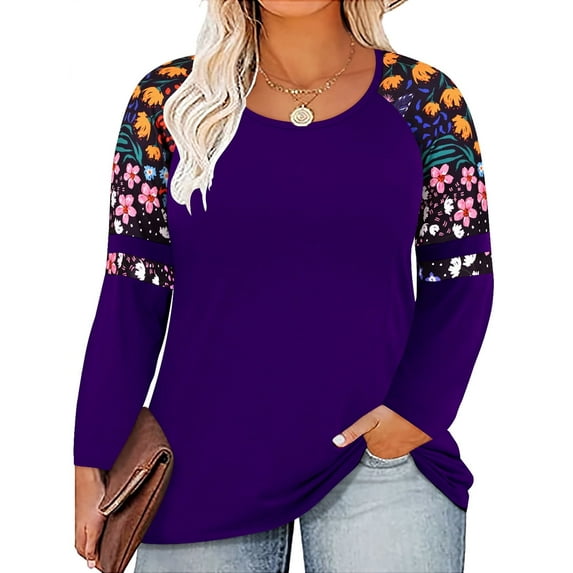 TIYOMI Plus Size Tops For Women Navy Blue V Neck T-Shirt Long Sleeve Raglan V Neck Floral Pullover Casual Color Block Blouses Tee Fall Winter Shirts XL 14W 16W