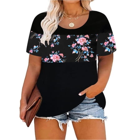 TIYOMI Plus Size Tops For Women Short Sleeve Black T-Shirts Round Neck Gaphic Tunics Color Block Loose Fit Summer Blouses Floral/Rainbow/Leopard/Camo/Strawberry (XL-5XL)