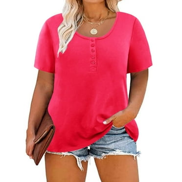 TIYOMI Plus Size Tops For Women Short Sleeve Henley Shirts Buttons Up Summer T-shirts Hot Pink Henley Crewneck Casual Tunics Camo/Floral/Solid Color/Leopard (XL-5XL)