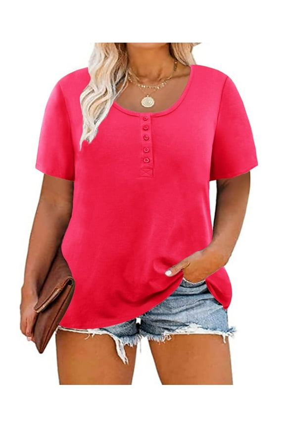 Plus Size Tops For Women Short Sleeve Henley Shirts Buttons Up Summer T-shirts Hot Pink Henley Crewneck Casual Tunics Camo/Floral/Solid Color/Leopard (XL-5XL)