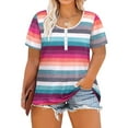 thumbnail image 1 of TIYOMI Plus Size Tops For Women Short Sleeve Henley Shirts Colorful Buttons Down Summer T-shirts Rainbow Stripe Henley Crewneck Casual Tunics XL 16W 18W, 1 of 7